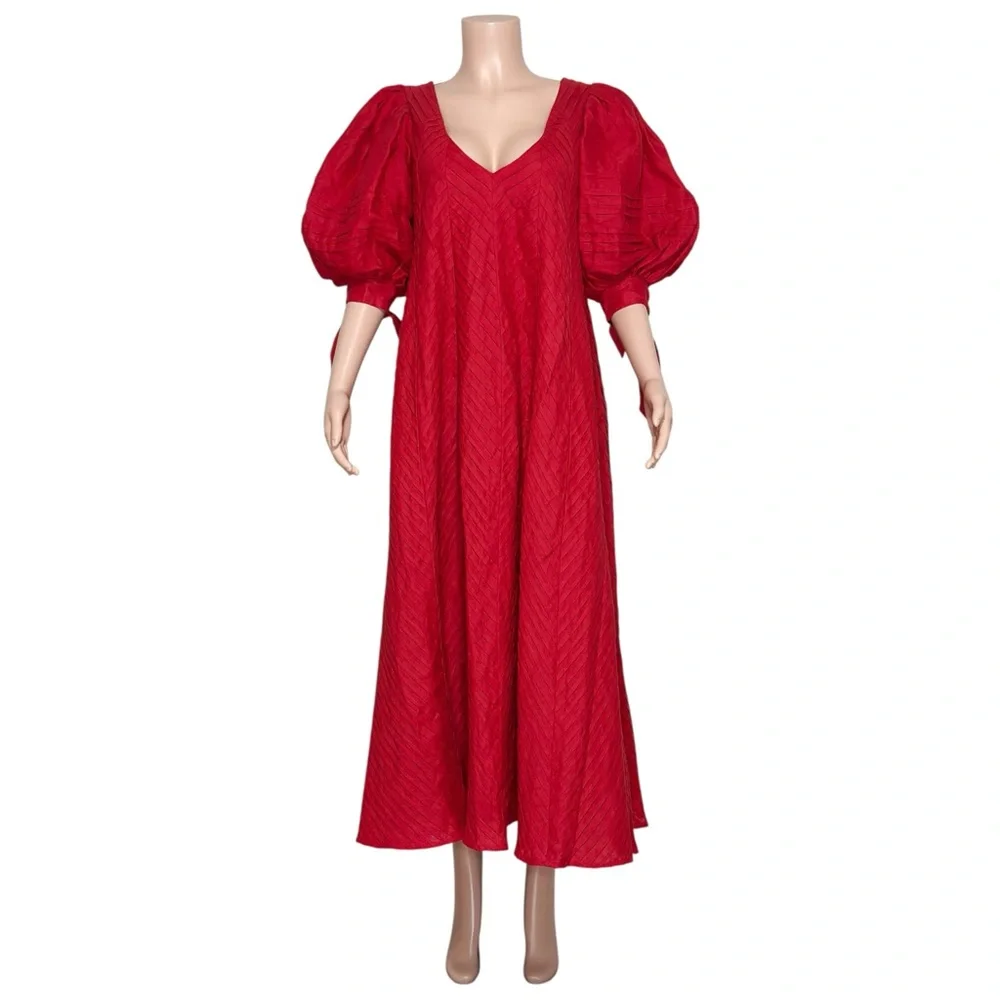 ODET Cherie Chevron Mumu Linen Dress, Red, Medium - Picture 8 of 14